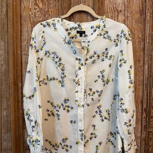 Talbots White Floral Blouse with Blue and Yellow Accents